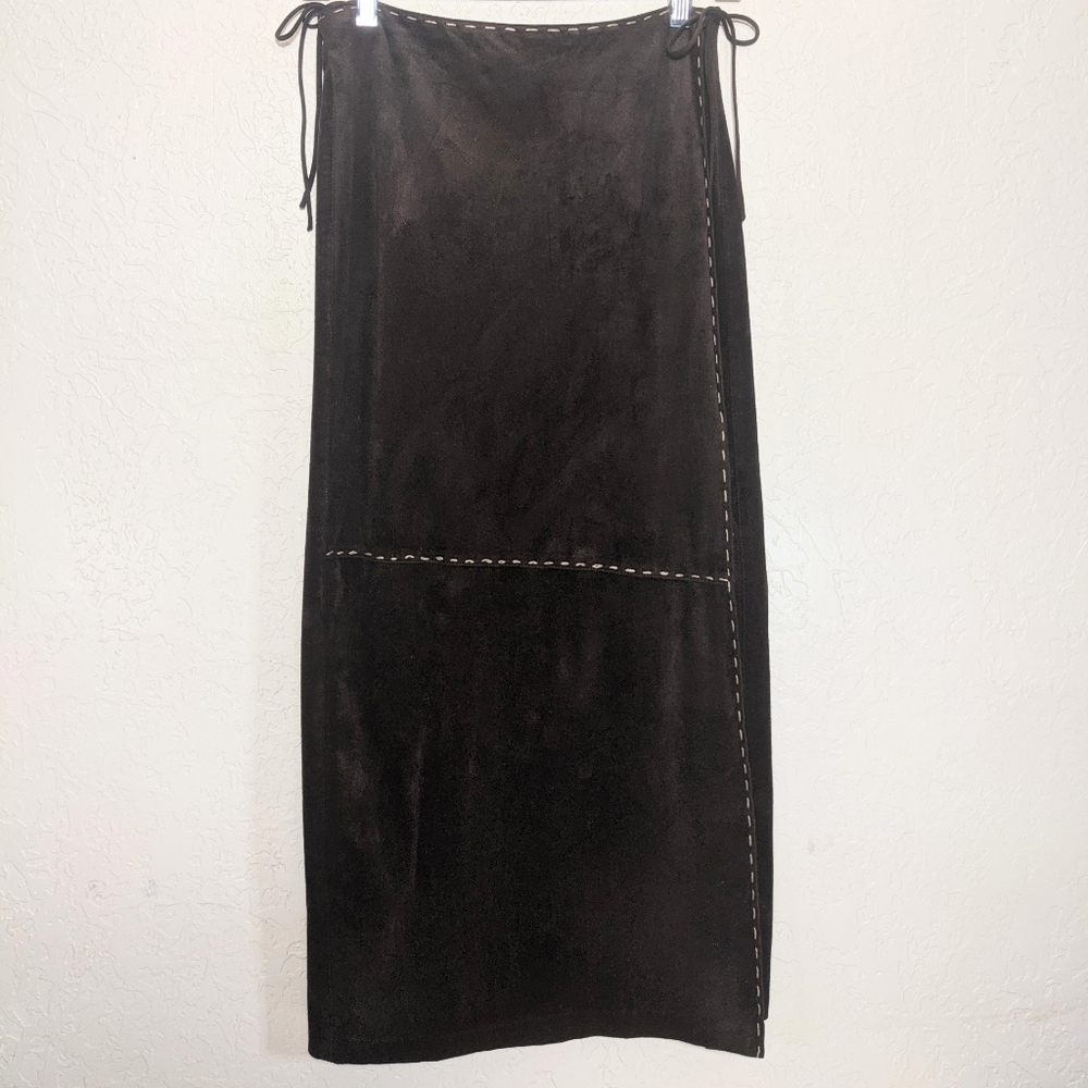 Faux Suede Wrap Midi Skirt Brown Adjustable Equestrian Design Santa Barbara, CA